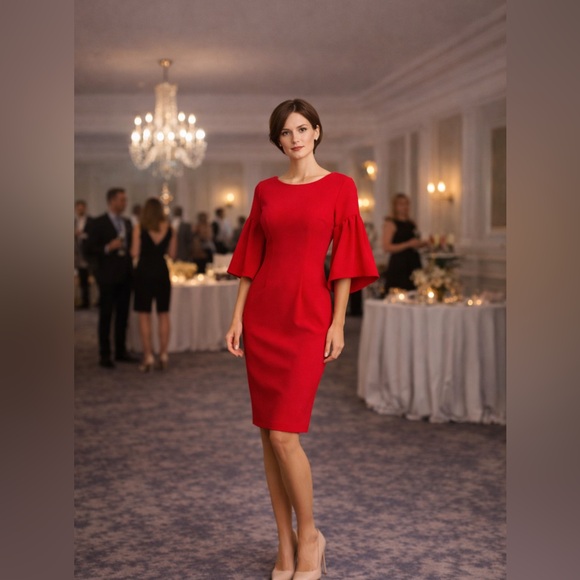 Belle Badgley Mischka Dresses & Skirts - Belle Badgley Mischka Red Cocktail Dress Size 4 Bell Sleeve NWT